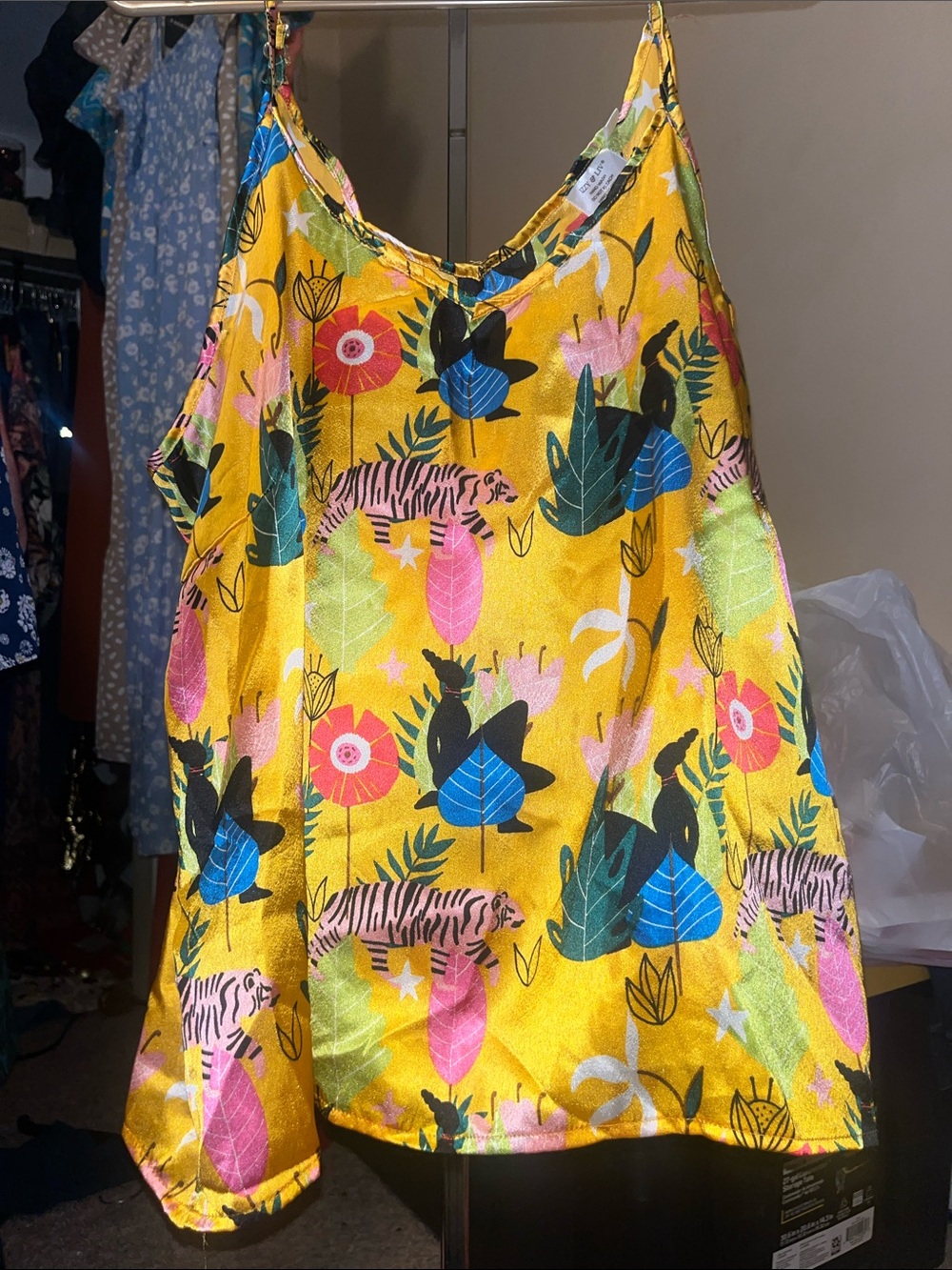 Yellow Tropical Satin Cami with Floral & Tiger Print